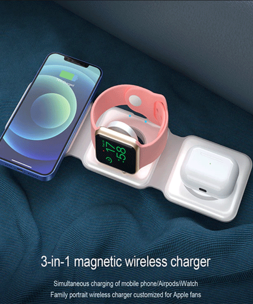 3 in 1 Magnetic Foldable Wireless Charging Station 15W Fast Charger for iPhone, AirPods & Apple Watch – Portable Smart Charging Dock