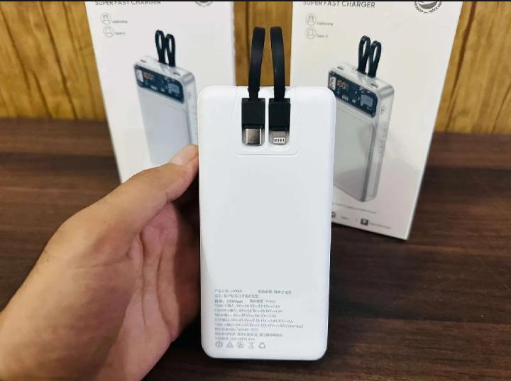 66W Fast Charging 20000mAh Power Bank with Built-in Cables & Digital Display - White
